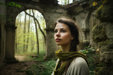 Lost in Time: Brunette Beauty Explores Enchanting Ruins in Forest Wildernessの素材