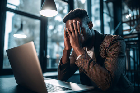Breaking Point: Portrait of an Overworked Black Businessman in Crisisの素材