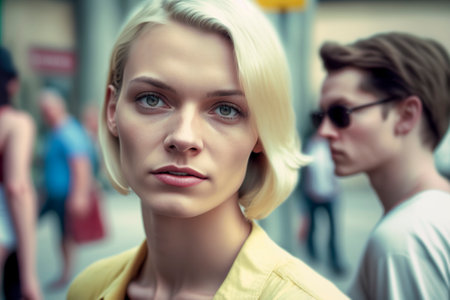 Chic and Glamorous: A Mesmerizing Image of a Blonde Model Walking in Casual Attireの素材