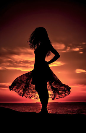 Serene Woman Silhouette at Sunset: A Majestic and Inspiring View of Nature's Beautyの素材