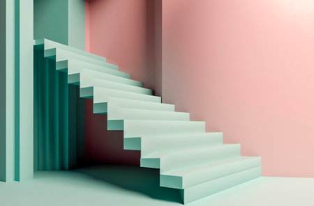 Modern Design Meets Nature: A Futuristic 3D Rendering of a Green Staircase in a Pink Roomの素材