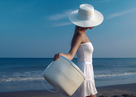 Blonde Beauty Strolls Along the Shoreline in a White Summer Dress and a Chic White Hatの素材