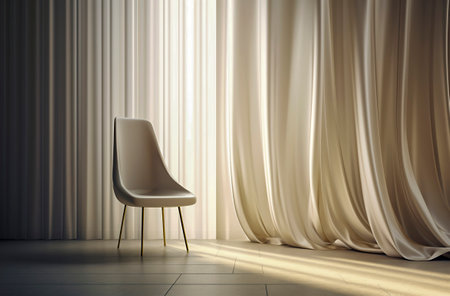 Relax in style: White chair set against opulent gold curtains in a grand roomの素材