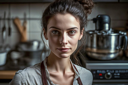 Rustic Elegance: A Beautiful Brunette Creating Delicious Dishes in a Cozy Kitchenの素材