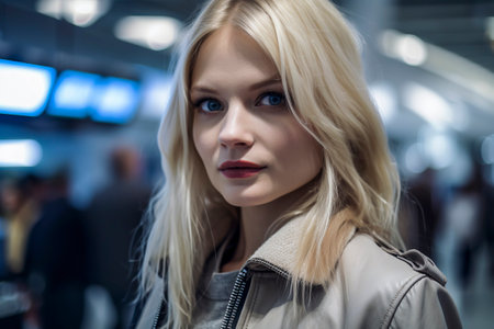 Blonde Wanderlust: A Solo Traveler's Adventure in a Busy Airport Terminalの素材