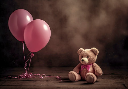 A Sweet and Sentimental Scene: Teddy Bear and Pink Balloons on a Brown Backgroundの素材