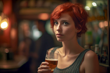 Redhead Enjoying a Cold Beer in a Cozy Bar with Friends and Good Vibesの素材