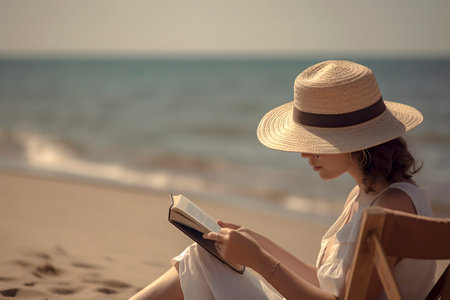 Serenity by the Shore: A Young Woman Immersed in Relaxation, Enjoying a Beach Read in Summer Attireの素材