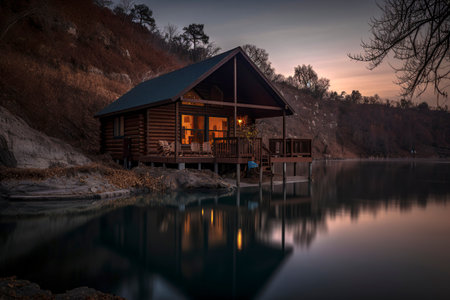 Lakeside Haven: Escape to a Rustic and Serene Wooden Cabin at Sunset by the Waterの素材