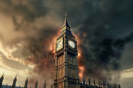 London's Iconic Landmark: The Timeless Big Ben Towering Over a Moody Cityscapeの素材