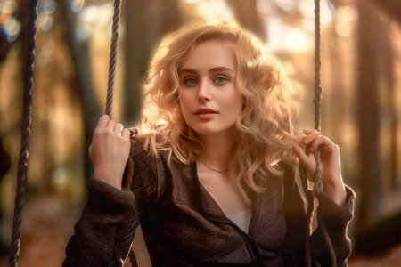 Blonde Beauty: A Serene and Joyful Portrait in the Enchanting Forest Swingの素材