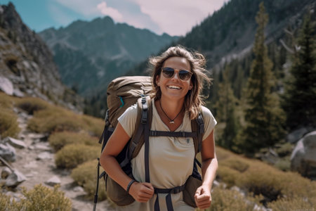 Summit Serenity: A Woman's Journey through the Mountains, Embracing Nature's Beauty with Backpack and Sunglasseの素材