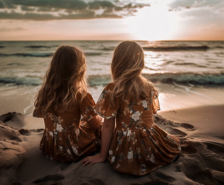 Seaside Serenity: Two Girls in Brown Dresses Finding Peace and Wonder on the Beachの素材