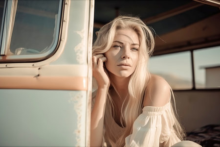 Freedom on Wheels: Embracing the Open Road as a Blonde Woman Relaxes at the Camper Doorの素材