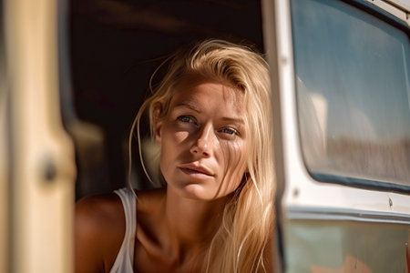 Nomadic Serenity: Beautiful Woman Finding Peace and Freedom on a Camper Van Journeyの素材