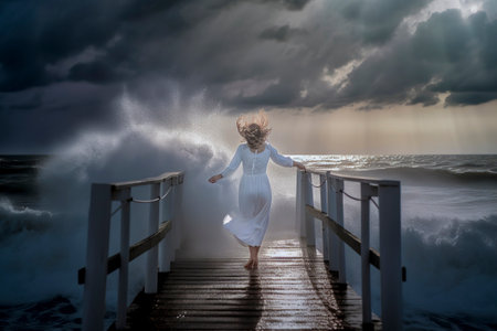 Melancholic Serenity: Lone Figure in a White Dress Seeking Solace Amidst the Stormy Seasの素材