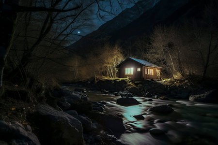 Enchanting Night Escape: Riverside Cabin Bliss amidst Mountain Majesty and Tranquil Watersの素材