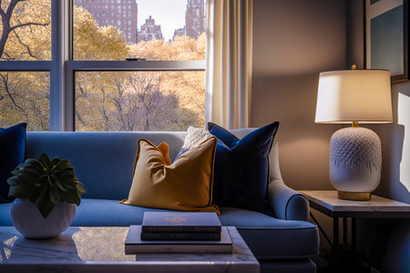 Panoramic Serenity: A Stylish Salon with a Grand Window Offering Central Park Viewsの素材