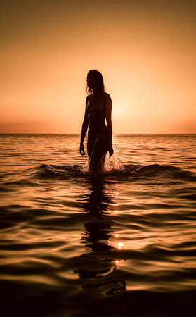 Golden Twilight Serenity: A Silhouette of a Woman Immersed in the Ocean at Sunsetの素材