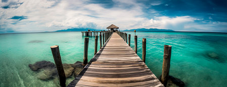 Tranquil Tropical Escape: Serene Wooden Dock Embraced by Turquoise Waters and Palm-Fringed Shoresの素材