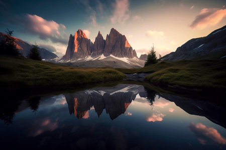 Majestic Mountain Lake: Tranquil Waters Mirroring Towering Rocky Peaks in a Picturesque Alpine Settingの素材