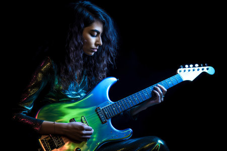 Rockstar Riffs: Captivating Performance by a Brunette Guitarist in a Darkened Ambianceの素材