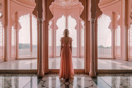 Majestic Splendor: A Young Elegance in a Long Dress, Adorning a Palace Balcony in Indiaの素材