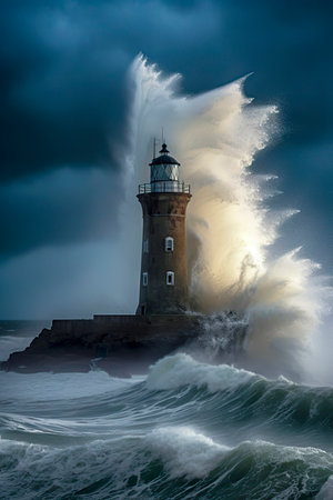 Guardian of the Storm: A Lighthouse Standing Strong amidst the Fury of Towering Wavesの素材