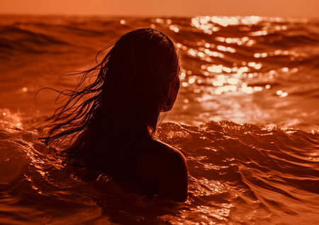 Serenity by Sunset: A Captivating Silhouette of a Woman Bathing in the Sea at Duskの素材