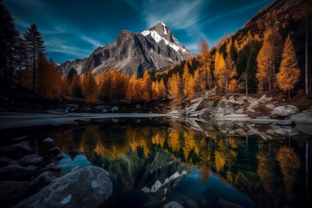 Reflections of Tranquility: Breathtaking Autumn Colors Mirror in a Serene Mountain Lakeの素材