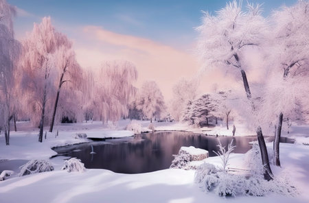 Snowy Serenity: A Majestic Lake Nestled in the Tranquil Beauty of a Winter Forestの素材