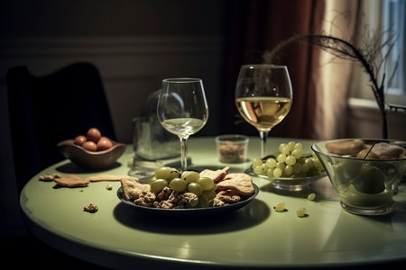 Harvest Delights: A Table Set with Grapes, Nuts, and Wine Glasses for a Delectable Eveningの素材