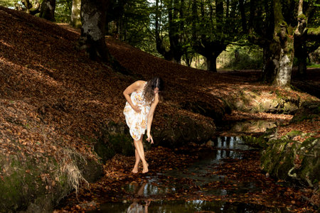 Barefoot Beauty: Brunette Woman Strolls Through an Autumn Beech Forest in a Flowing Summer Dressの写真素材