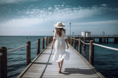 Enigmatic Elegance: Woman in a White Dress Braving the Stormy Seas on the Pierの素材