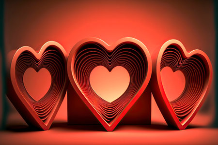 Three Romantic Heart-Shaped Ornaments Adorn a Vibrant Red Backgroundの素材