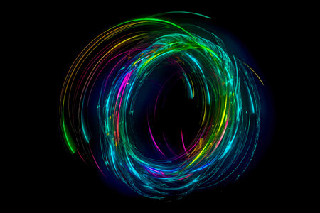 Glowing Kaleidoscope: Mesmerizing Neon Circles Dance on a Captivating Black Backgroundの素材