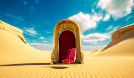 Desert Solace: A Serene Oasis with an Abandoned Chair and Mysterious Doorwayの素材
