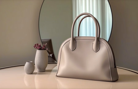 Effortless Elegance: A Stylish Woman's Sophisticated Handbag Shines on a Minimalist Table with a Mirrorの素材