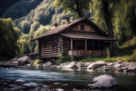 Riverside Serenity: A Cozy Wooden Cabin Nestled in the Majestic Mountains and Lush Forestの素材