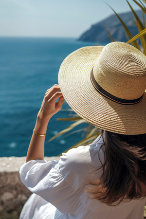 Seaside Serenity: A Brunette Beauty in a White Dress, Gazing at the Majestic Seaの素材