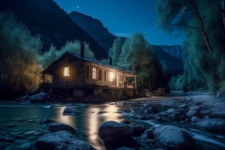 Nighttime Haven: Embrace the Tranquility of a Riverside Cabin Nestled in the Mountainの素材