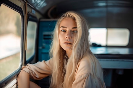 Blonde Beauty on Wheels: A Stunning Young Woman Embracing the Van Life Adventureの素材