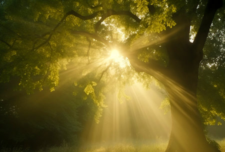 Nature's Radiance: The Enchanting Beauty of Sunbeams Filtering Through the Forest Canopyの素材