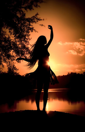Sunset Serenade: A Captivating Image of a Young Woman Dancing in Backlit Splendorの素材