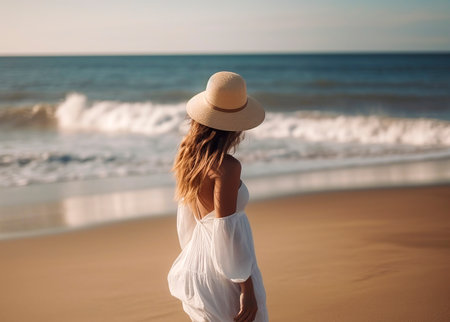 Seaside Elegance: A Woman's Graceful Stroll in a White Summer Dress and Sun Hatの素材