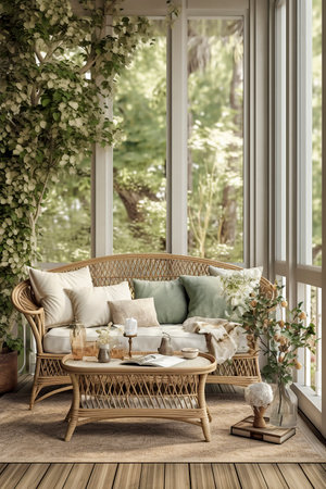 Coastal Escape: A Relaxing Summer Retreat with Wicker Furnishings and Breathtaking Scenic Viewsの素材