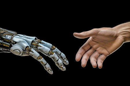 Unifying Hands: A Human and Robot Hand Converging in a Mysterious Black Backgroundの素材