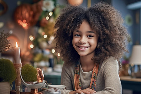 Radiant Joy: A Beautiful Black Girl with an Afro Smile Brightly in the Comforts of Homeの素材