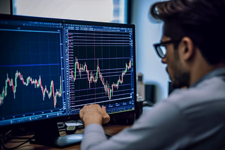 Market Maestro: A Man Engrossed in Analyzing Stock Data on Multiple Screensの素材