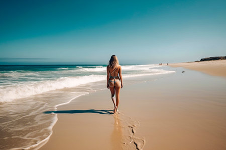 Beachside Escape: Radiant Woman Embracing the Tranquil Beauty of the Seaside on a Sunny Dayの素材